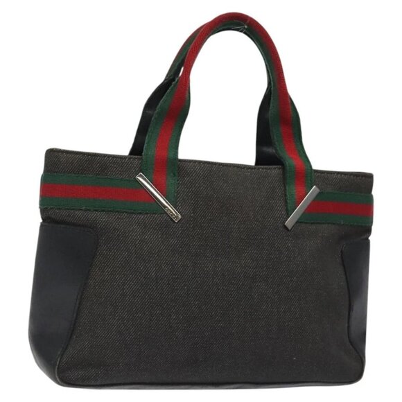 GUCCI Web Sherry Line Hand Bag Canvas Black Silver 73984 Auth ti3159 - Picture 1 of 16